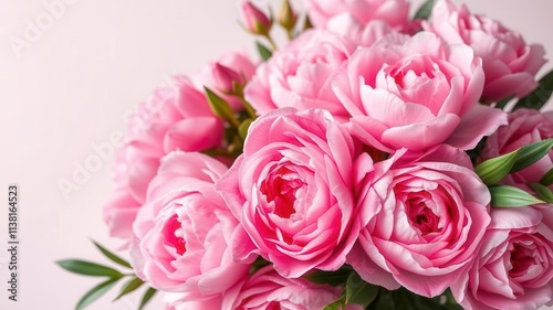 Fresh bunch of pink peonies and roses with copy space on a white background, roses, elegant, bloom