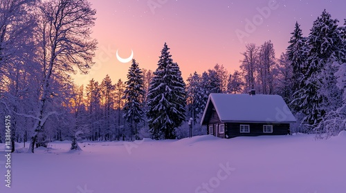 A serene winter landscape featuring a cozy cabin surrounded by snow-covered trees under a twilight sky with a crescent moon.