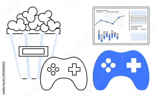 Gaming controllers alongside a box of popcorn and a data analytics dashboard with charts and graphs. Ideal for gaming, entertainment, technology, data analysis, market research, leisure activities