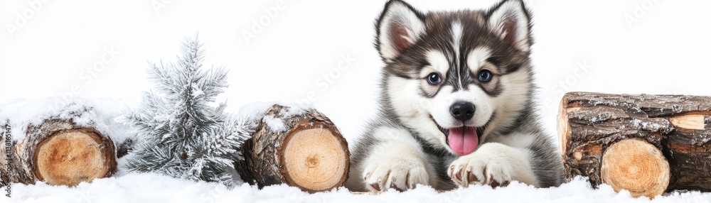 A playful puppy enjoying a winter landscape with snow, logs, and evergreen trees. A playful puppy enjoying a winter landscape with snow, logs, and evergreen trees.