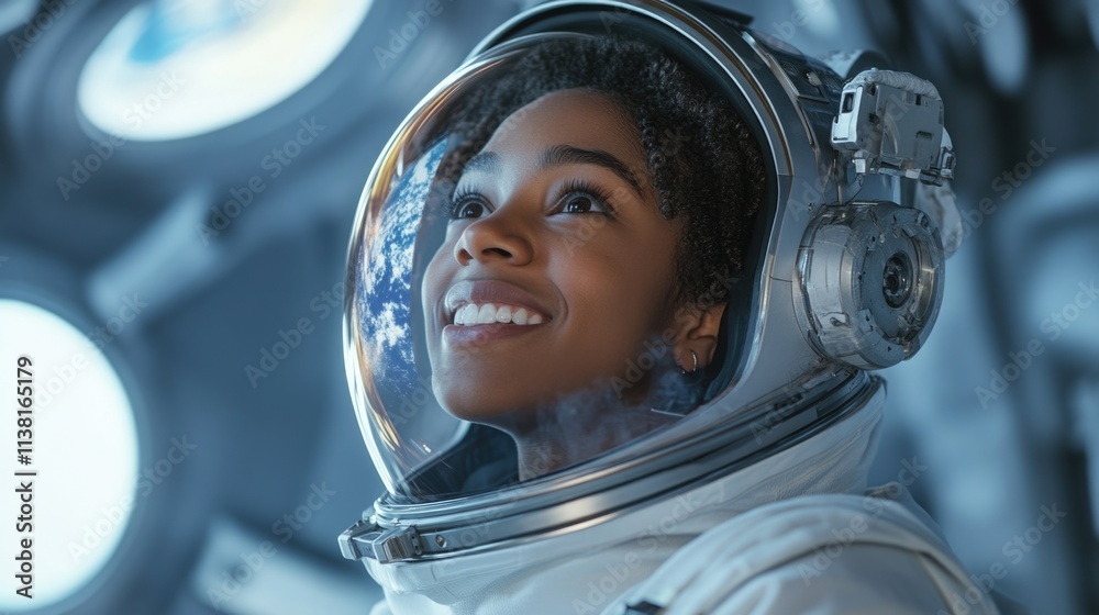 A smiling young Black woman astronaut in a space suit looks up, wearing a helmet visor. A smiling young Black woman astronaut in a space suit looks up, wearing a helmet visor.