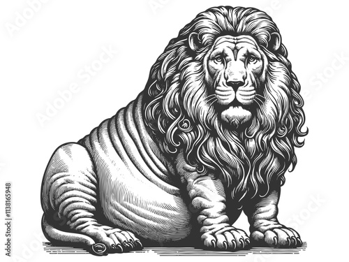 Fat overweight body positive chubby lion with a prominent mane, showcasing vintage art style and majestic appearance sketch engraving generative ai vector illustration. Scratch board. Black and white