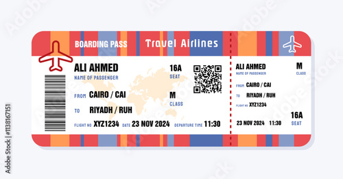 Ticket to Riyadh, Saudi Arabia from Egypt. Boarding pass template with generic data. Travel flight ticket vector illustration with QR code.