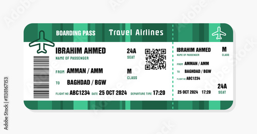 Ticket to Baghdad, Iraq. Boarding pass template with generic data. Travel flight ticket vector illustration with QR code.