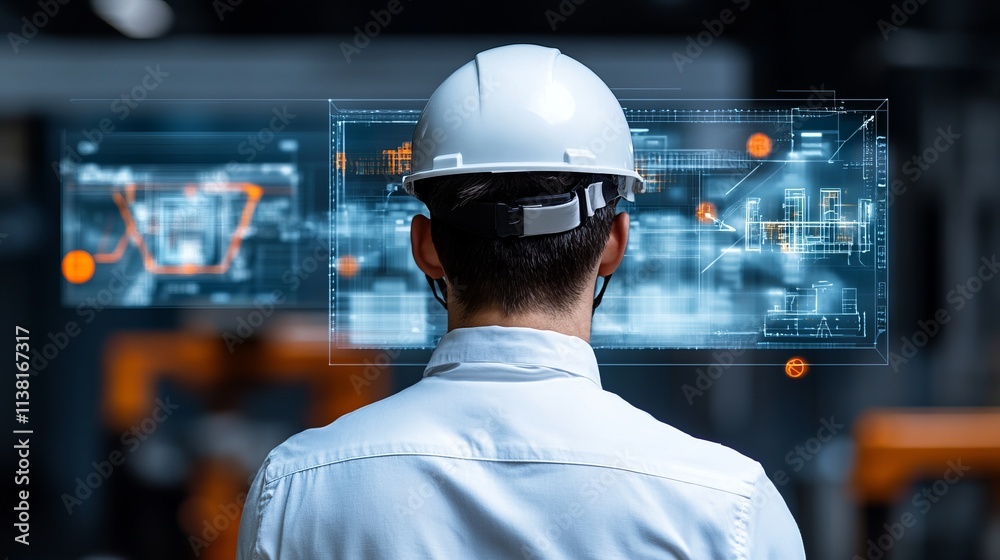 Engineer Observes Futuristic Virtual Design Plans in a Modern Industrial Setting Engineer Observes Futuristic Virtual Design Plans in a Modern Industrial Setting