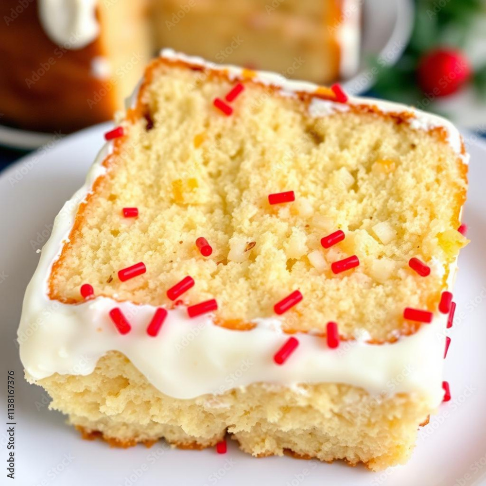 Close-up of a slice of Christmas cake with white frosting and red sprinkles. Close-up of a slice of Christmas cake with white frosting and red sprinkles.