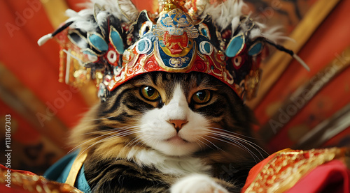 A regal cat wearing an ornate headdress, showcasing a blend of elegance and whimsy against a vibrant backdrop. photo