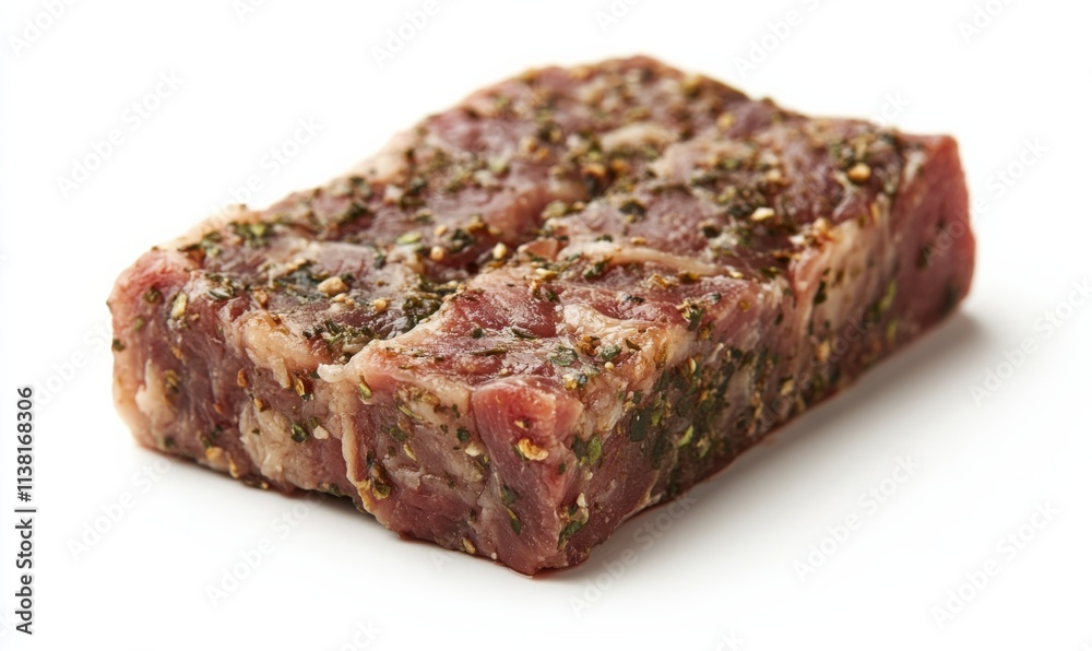 a piece of uncooked seasoned mutton steak, showing all detailed texture, no shadow, plain white background a piece of uncooked seasoned mutton steak, showing all detailed texture, no shadow, plain white background