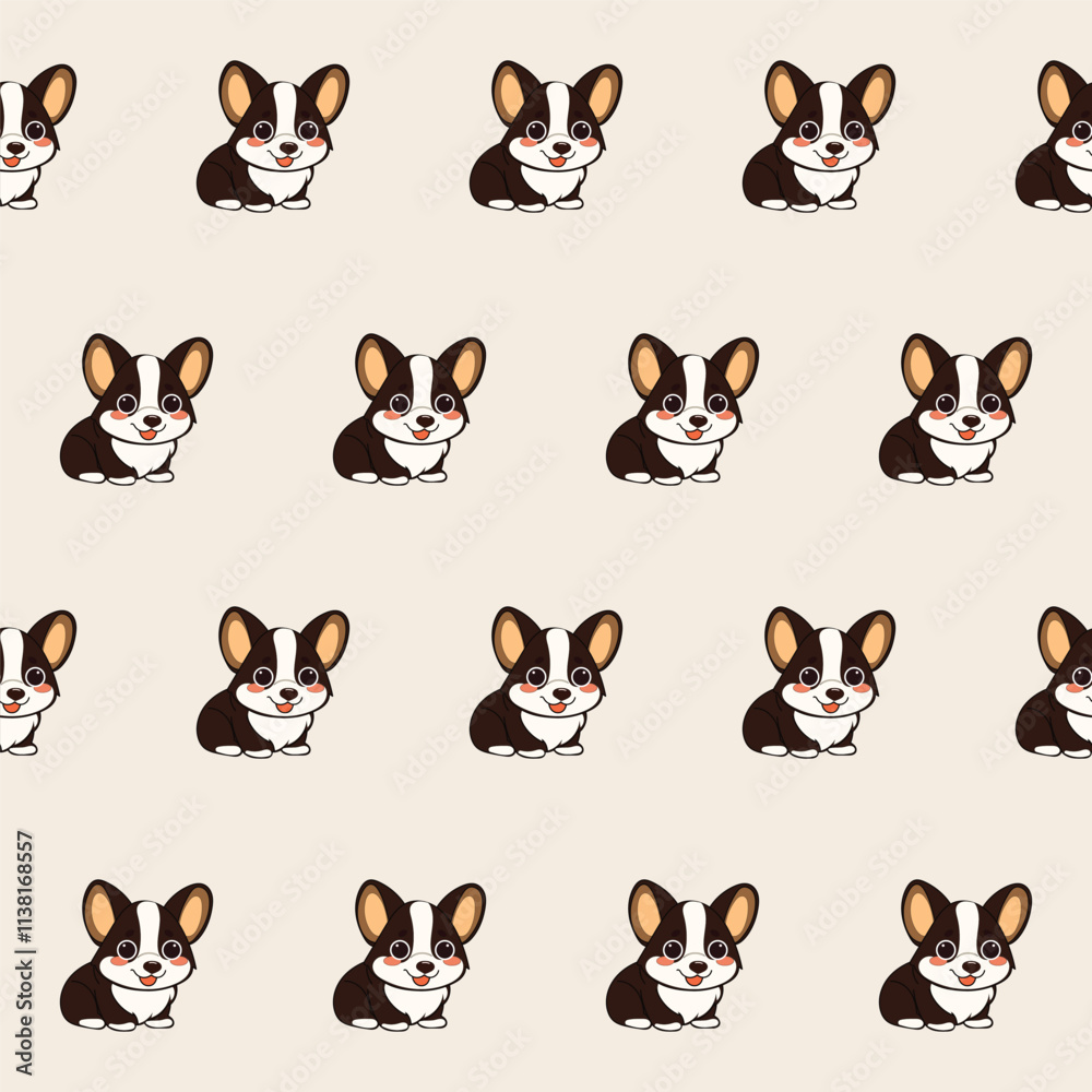 Fototapeta premium Small Cute Corgi Dog Cartoon Character Seamless Pattern Background. Adorable Domestic Pet Puppy Animal Textile Childish Print. Baby Gift Wrapping Paper Decoration Design. Kawaii Dog Portrait. 