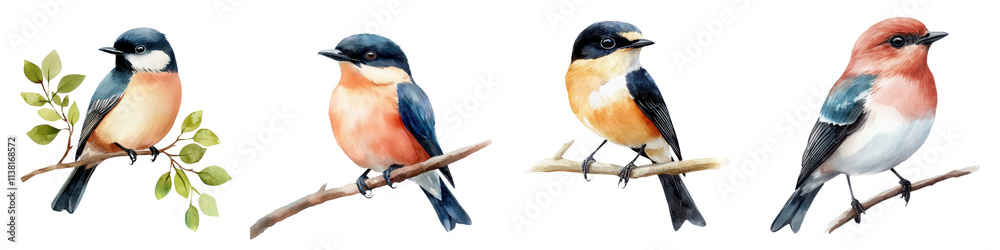 Colorful Songbirds Perched on Tree Branches in Nature Colorful Songbirds Perched on Tree Branches in Nature