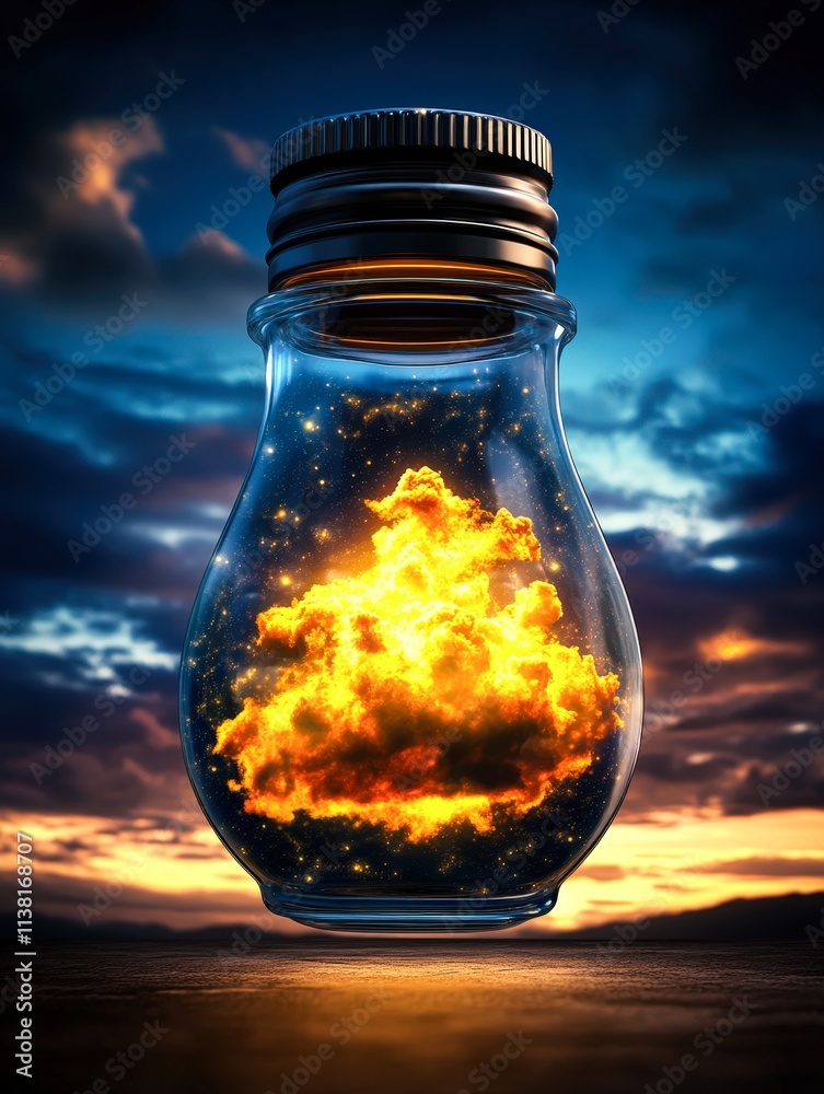 A mesmerizing image of a glowing cloud encapsulated in a glass jar, set against a dramatic sky, This artwork can be used for creative projects, inspirational content A mesmerizing image of a glowing cloud encapsulated in a glass jar, set against a dramatic sky, This artwork can be used for creative projects, inspirational content
