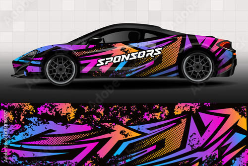 Sporty Car wrap livery design vector file eps 10. Design of car stickers. Abstract racing and sport background for racing livery or daily use car vinyl decal. Car design development for the company.
