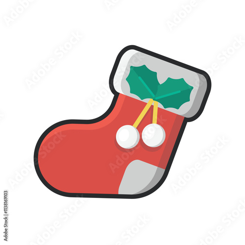 Red white sock with holly leaf with outline in flat vector design.