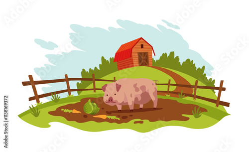 Pig farm landscape. Agriculture field, rural nature scene. Ruralfield panorama with shed or barn and pig