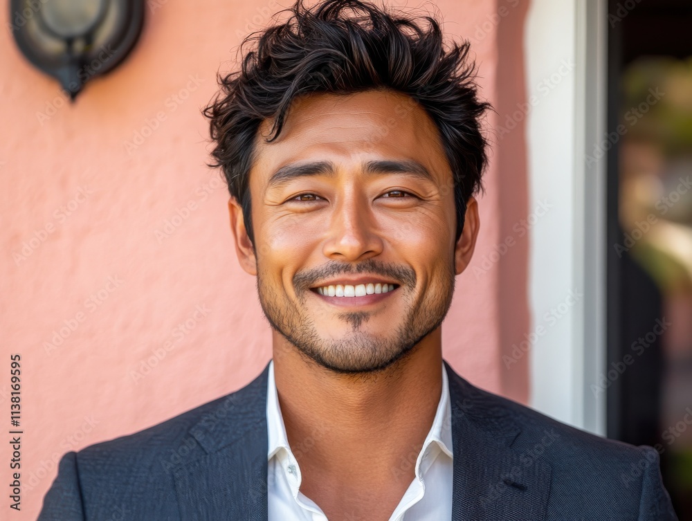Smiling man in suit stands outside a colorful building during sunny daytime in a vibrant urban setting Smiling man in suit stands outside a colorful building during sunny daytime in a vibrant urban setting