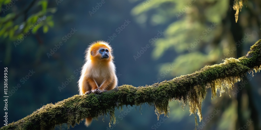 A close-up of a monkey perched on a moss-covered branch