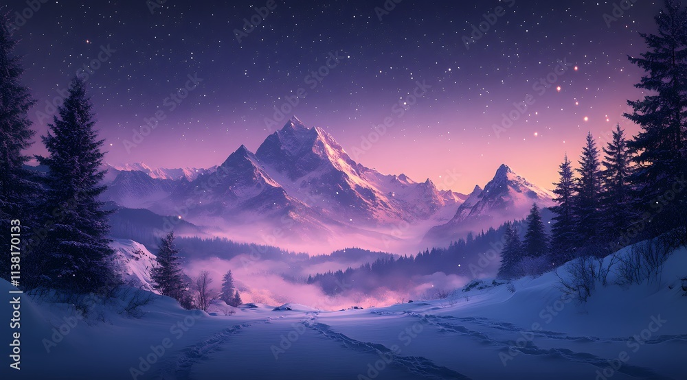 Majestic Snowy Mountains Under a Starlit Night Sky Majestic Snowy Mountains Under a Starlit Night Sky