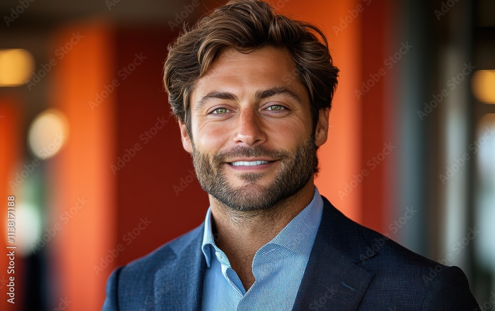 Confident businessman with a suit and a smile in a office background, He looking at the camera Confident businessman with a suit and a smile in a office background, He looking at the camera
