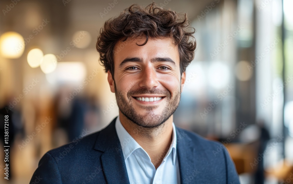 Confident businessman with a suit and a smile in a office background, He looking at the camera Confident businessman with a suit and a smile in a office background, He looking at the camera