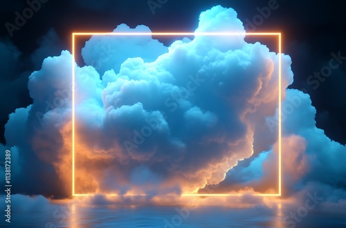 A captivating 3D square frame glowing with neon light, inside of which fluffy, glowing clouds drift gently, forming a surreal scene photo