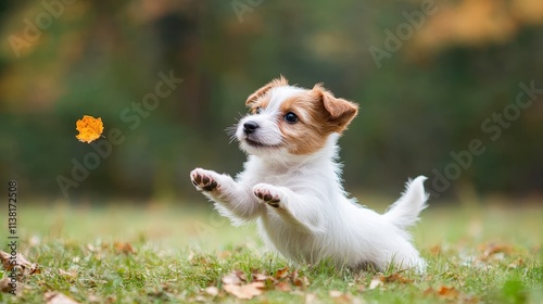 A playful puppy catches a falling autumn leaf in a grassy park, capturing the joy of nature and companionship, Ideal for pet blogs, advertisements, or any content focused on happiness and pets,