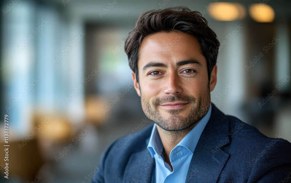 Confident businessman with a suit and a smile in a office background, He looking at the camera Confident businessman with a suit and a smile in a office background, He looking at the camera