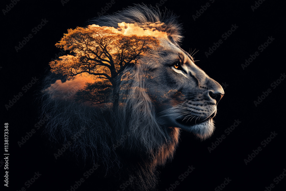 Naklejka premium African lion and sunset in Africa Double Exposure savannah landscape with palm trees, king of animals. Warm sun light and sky. Portrait of pride dreaming leo in savanna looking forward