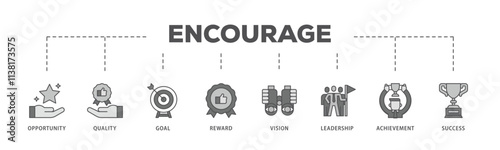 Encourage infographic icon flow process which consists of opportunity, quality, goal, reward, vision, leadership, achievement, success icon live stroke and easy to edit .