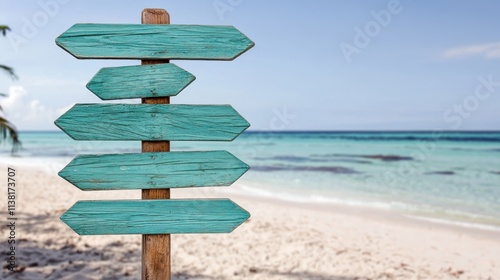 Directional wooden signpost on beach tropical paradise outdoor