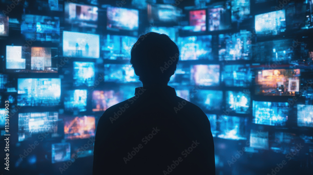Silhouette of person observing multiple screens displaying digital content, evoking curiosity and wonder Silhouette of person observing multiple screens displaying digital content, evoking curiosity and wonder