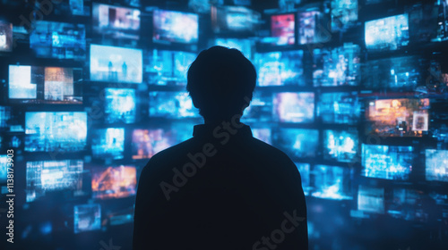 Silhouette of person observing multiple screens displaying digital content, evoking curiosity and wonder