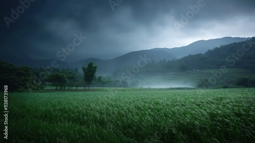 Monsoon Landscape with Lush Greenery and Stormy Skies photo