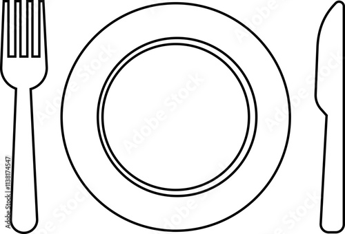 Kitchen fork and spoon, knife with plate vector icon. Symbol of flatware isolated on transparent background. Utensil for eat. Logo for restaurant, caffee, hotel menu, place setting , graphic design.