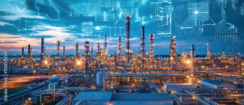 Industrial innovation revolutionizing energy production oil refinery digital landscape urban environment aerial viewpoint sustainability concept