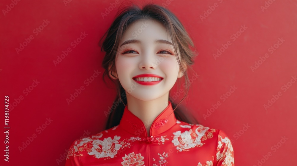 Korean girl smile wearing red cheongsam at lunar chinese new year festival, with copy space Korean girl smile wearing red cheongsam at lunar chinese new year festival, with copy space