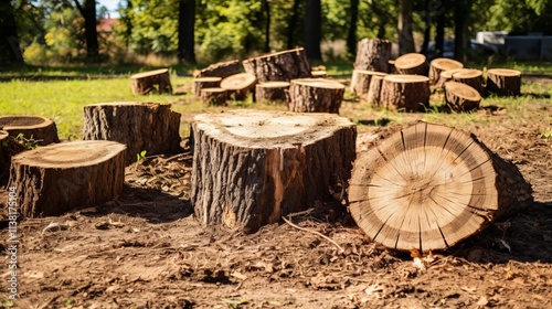 Majestic Tree Stumps in a Lush Park Landscape, A Stunning Natural Scene photo