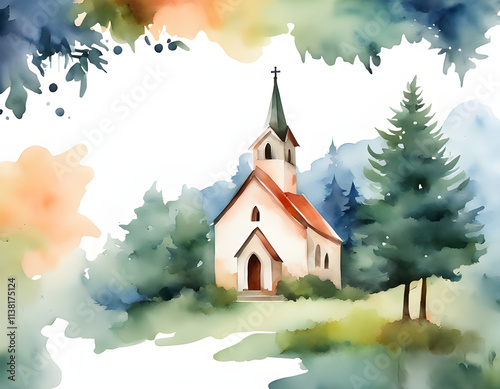 Watercolor forest cabin church creative background