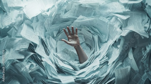 A dramatic depiction of a person reaching out from a whirlpool of papers, their desperate hand the only part visible, symbolizing a cry for help amidst unmanageable tasks