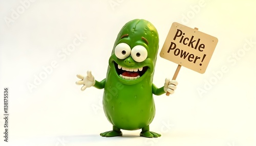 A cute green cartoon pickle with bulging googly eyes and a wide, toothy grin, holding a tiny sign saying 'Pickle Power!' on a bright white background.