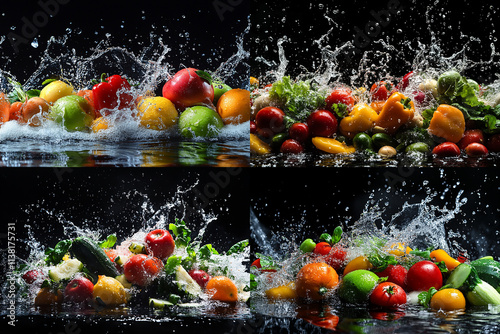 water splashes on fruits and vegetables, colorful bell peppers, strawberries, lemons, oranges, grapefruits, against a black background
