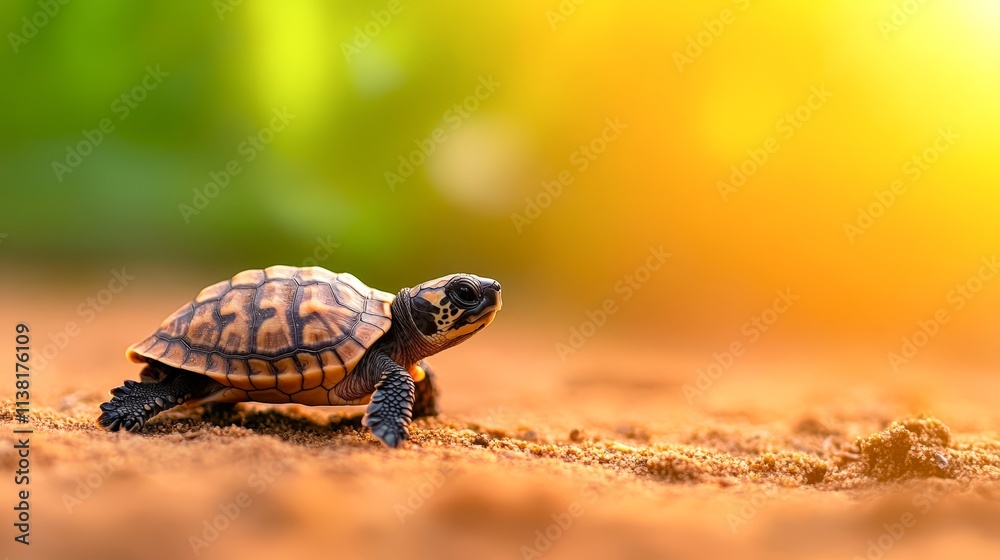 Naklejka premium A young turtle crawls across a sandy surface with soft, warm lighting illuminating the scene, This image is ideal for nature blogs, educational materials, or wildlife conservation campaigns,