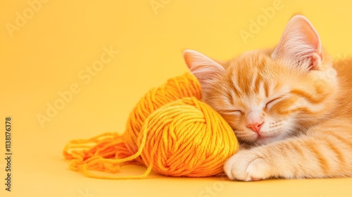 A cute orange kitten sleeps beside two bright yellow yarn balls against a cheerful yellow backdrop, This image is perfect for pet care, relaxation products, or children's themes, photo