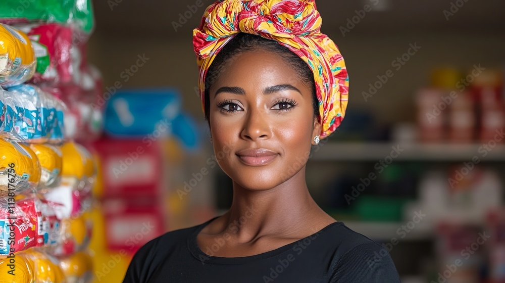 A Confident Woman in a Colorful Headwrap, Radiating Strength and Style A Confident Woman in a Colorful Headwrap, Radiating Strength and Style