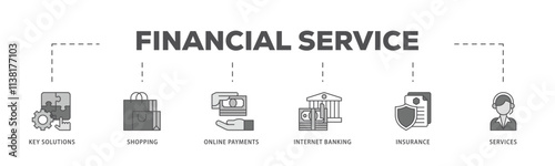 Financial service infographic icon flow process which consists of key solutions, shopping, online payments, internet banking, insurance and services icon live stroke and easy to edit .