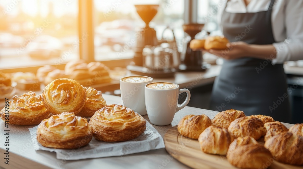 Serene Morning Cafe Setting with Barista and Pastries Serene Morning Cafe Setting with Barista and Pastries
