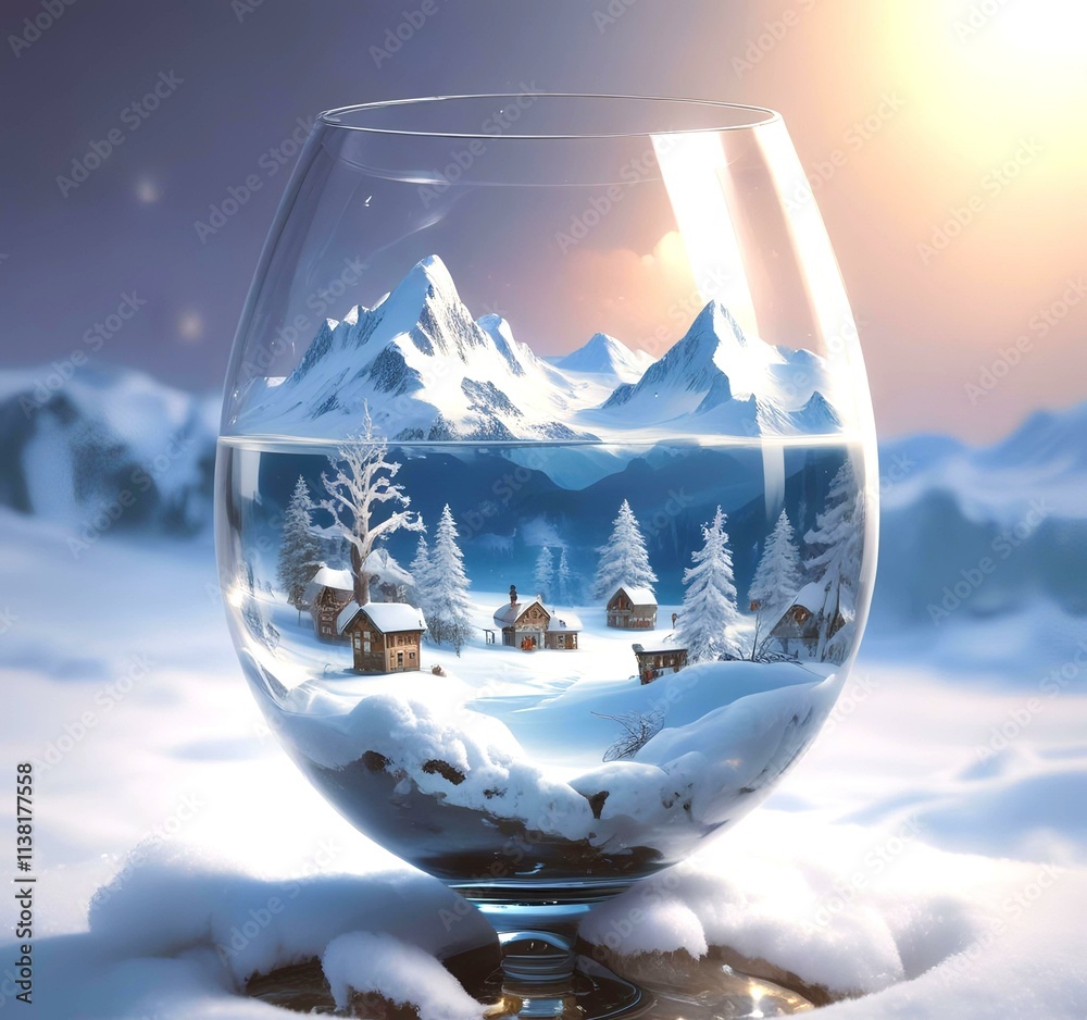 Illustration of tiny world landscape inside wine glass. Illustration of tiny world landscape inside wine glass.