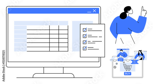 Computer screen displaying a checklist next to grid layout, individual pointing upwards, and online shopping elements with carts. Ideal for e-commerce, task management, productivity, workflows