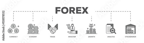 Forex infographic icon flow process which consists of currency, economy, trade, investor, growth, analysis and stockbroker icon live stroke and easy to edit .