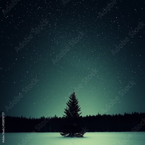 Lone pine tree in snowy field under starry night sky.