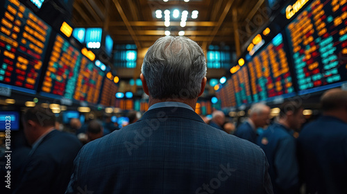 bustling stock exchange floor with traders analyzing market data